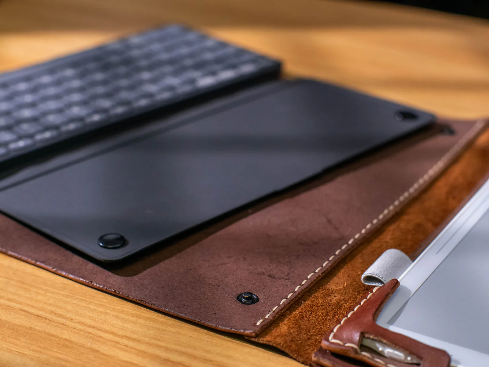 The Bookish keyboard tucked inside the leather folio sleeve