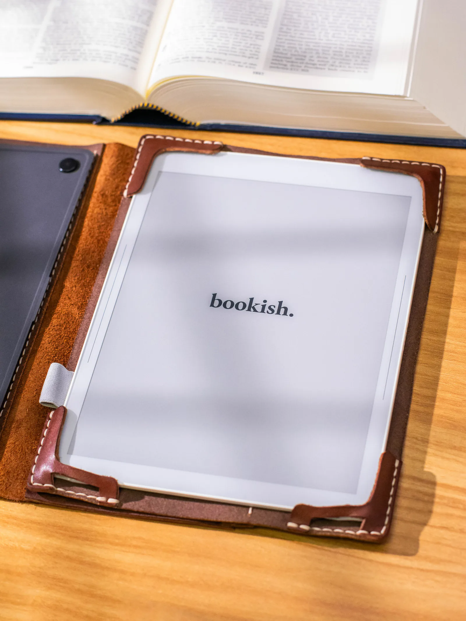 Bookish open in its leather folio