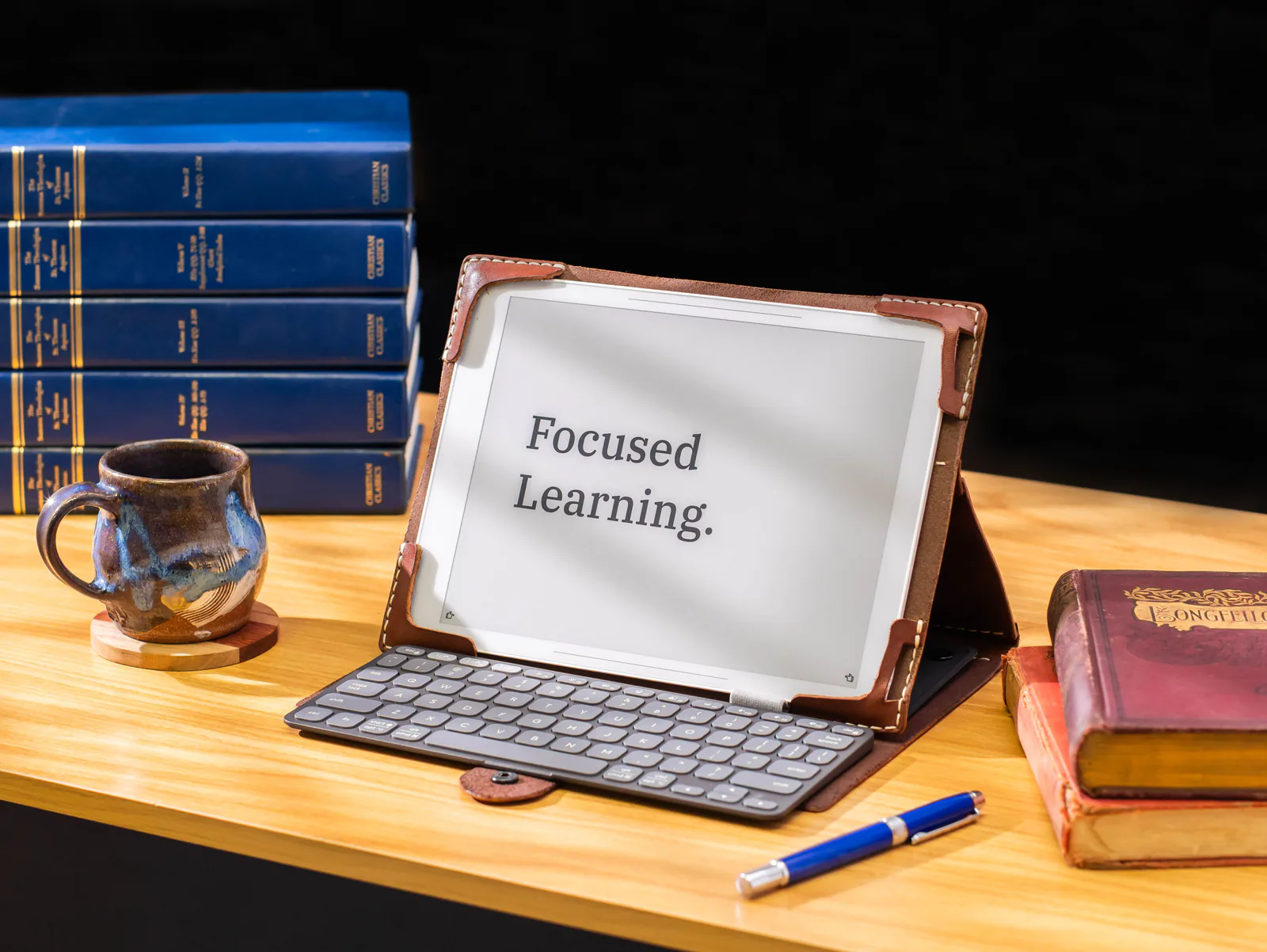 Bookish displaying Focused Learning beside a row of books